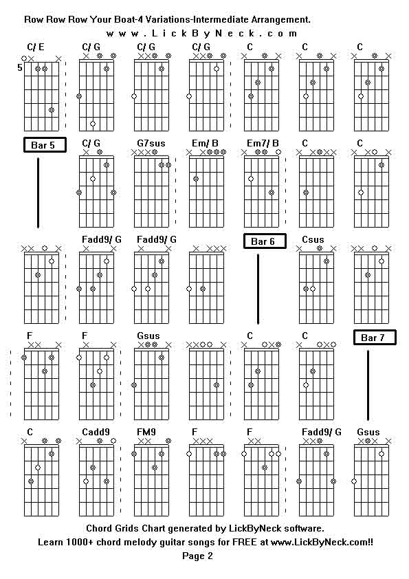 Chord Grids Chart of chord melody fingerstyle guitar song-Row Row Row Your Boat-4 Variations-Intermediate Arrangement,generated by LickByNeck software.